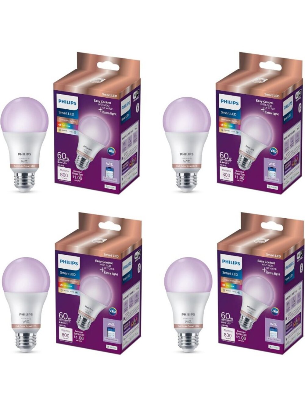 Smart LED Color Light Bulb 4-Pack, A19 60W, Voice/App Control, Motion Detection